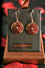 Load image into Gallery viewer, Bronze Whirligig drop earrings With Red enamel by St. Justin of Cornwall