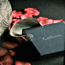 Load image into Gallery viewer, Pewter Bangle Wide Tapering Cuff with engraved Spiral design by St. Justin of Cornwall
