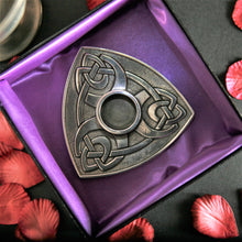 Load image into Gallery viewer, Pewter triangular candle holder Archibald Knox designed triangular candle holder by St Justin of Cornwall