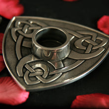 Load image into Gallery viewer, Pewter triangular candle holder Archibald Knox designed triangular candle holder by St Justin of Cornwall