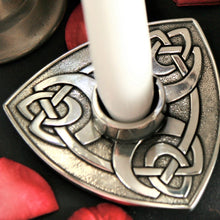 Load image into Gallery viewer, Pewter triangular candle holder Archibald Knox designed triangular candle holder by St Justin of Cornwall