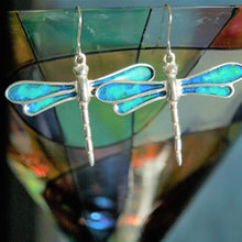 Load image into Gallery viewer, Pewter Dragonfly Enamelled Drop Earrings by St. Justin of Cornwall