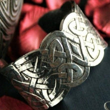 Load image into Gallery viewer, Spectacular chunky Pewter Celtic Knot pattern bangle by St Justin of Cornwall. Comes in presentation box and also a bag for storage in a handbag.