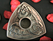 Load image into Gallery viewer, Pewter triangular candle holder Archibald Knox designed triangular candle holder by St Justin of Cornwall