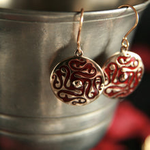 Load image into Gallery viewer, Bronze Whirligig drop earrings With Red enamel by St. Justin of Cornwall
