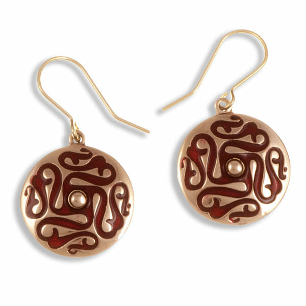 Bronze Whirligig drop earrings With Red enamel by St. Justin of Cornwall