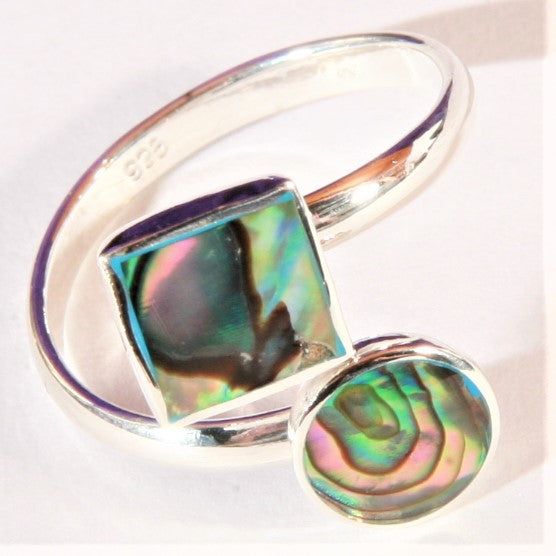 Sterling Silver Adjustable Ring with Square and Round Abalone Shell inserts