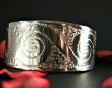 Load image into Gallery viewer, Pewter Bangle Wide Tapering Cuff with engraved Spiral design by St. Justin of Cornwall
