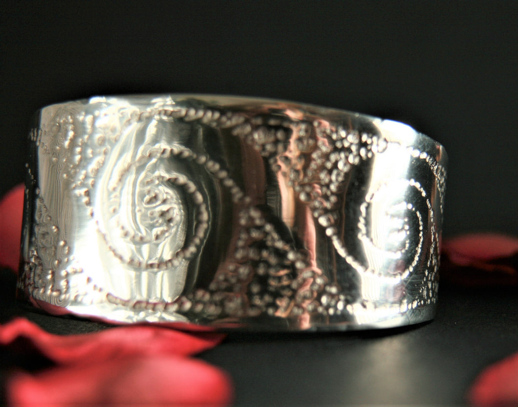 Pewter Bangle Wide Tapering Cuff with engraved Spiral design by St. Justin of Cornwall