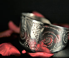 Load image into Gallery viewer, Pewter Bangle Wide Tapering Cuff with engraved Spiral design by St. Justin of Cornwall
