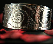 Load image into Gallery viewer, Pewter Bangle Wide Tapering Cuff with engraved Spiral design by St. Justin of Cornwall
